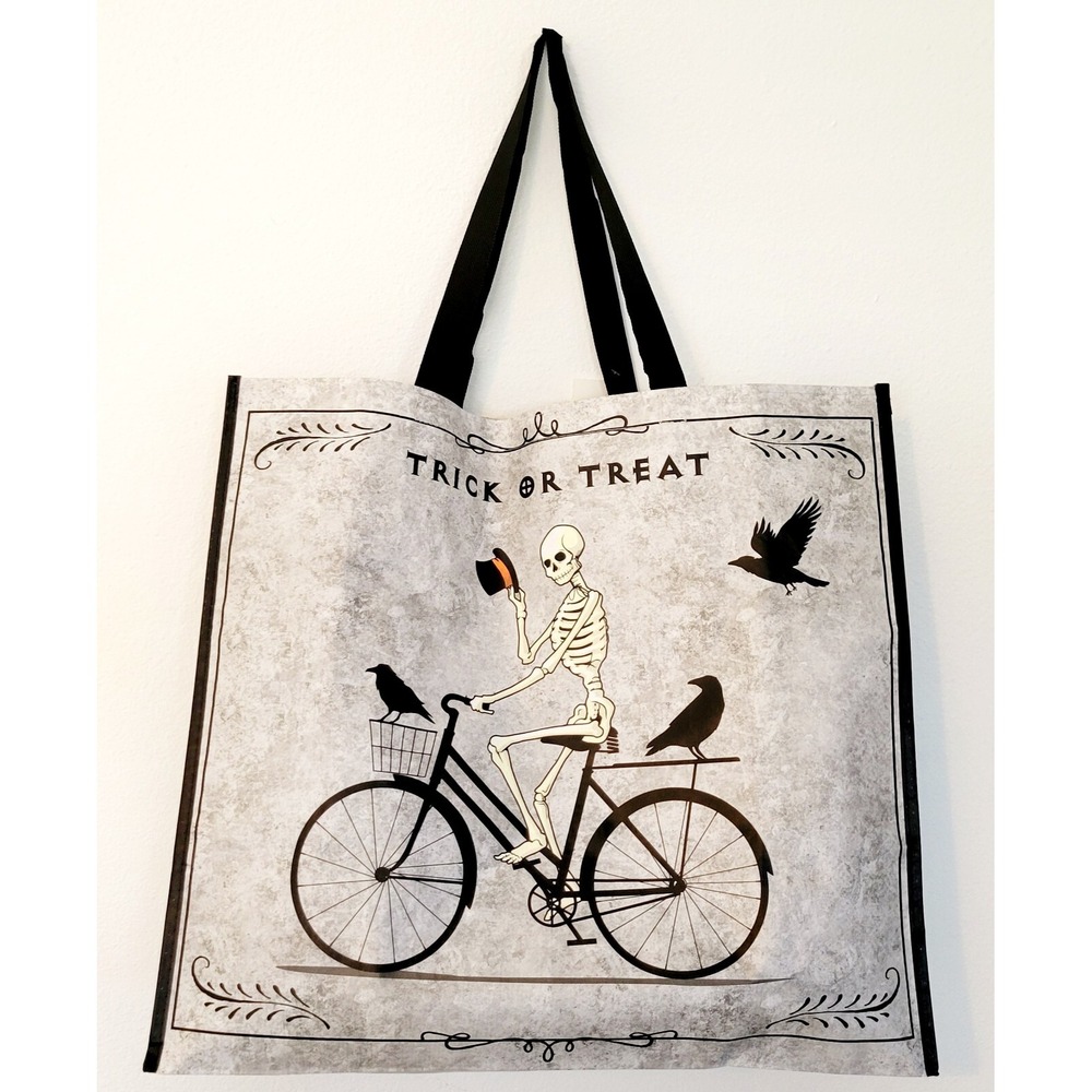 Skeleton Hat Halloween Bike Black Crows Crow Homegoods Bag Reusable Tote